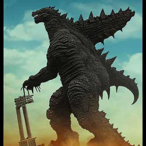 Image similar to Godzilla in the style of Shadow of the Colossus