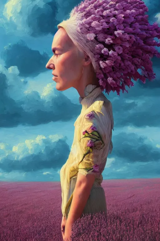 Image similar to closeup, huge flowers as head mohawk, woman in heather field, surreal photography, starlight, storm clouds, impressionist painting, digital painting, artstation, simon stalenhag