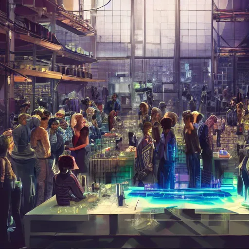 Image similar to large group people in a huge warehouse, gathered around a hologram of futuristic city on a table | cinematic concept art | godrays | 4 k | clear details | tabletop | tabletop | hologram foreground