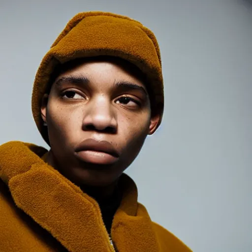 Prompt: realistic photoshooting for a new balenciaga lookbook color film photography close up portrait of a beautiful woman model, model wears a puffer jacket, photo in style of tyler mitchell, wes anderson, ssense