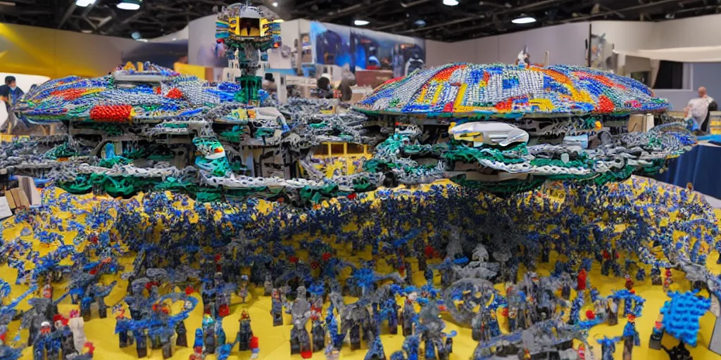 Image similar to wide shot lens photo of a very intricately detailed and epically shaped 1. 2 5 m long alien lego mothership ufo kit designed by a master builder as displayed at a lego convention.