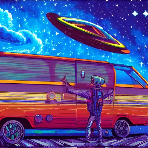 Prompt: Digital painting of a cosmic RV flying through space by Dan Mumford, hyperdetailed, trending on Artstation