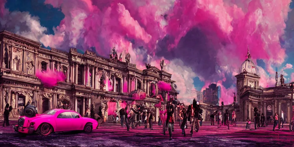 Image similar to oil painting, a lot of punks, pink, rich deep colors masterpiece, neon, ultra detailed, contrast, heaven pink, lots of roman arches, punk rock with mohawks, clouds, sky, volumetric light, atmospheric lighting, dramatic, cinematic, moody, octane render 4 k, 8 k