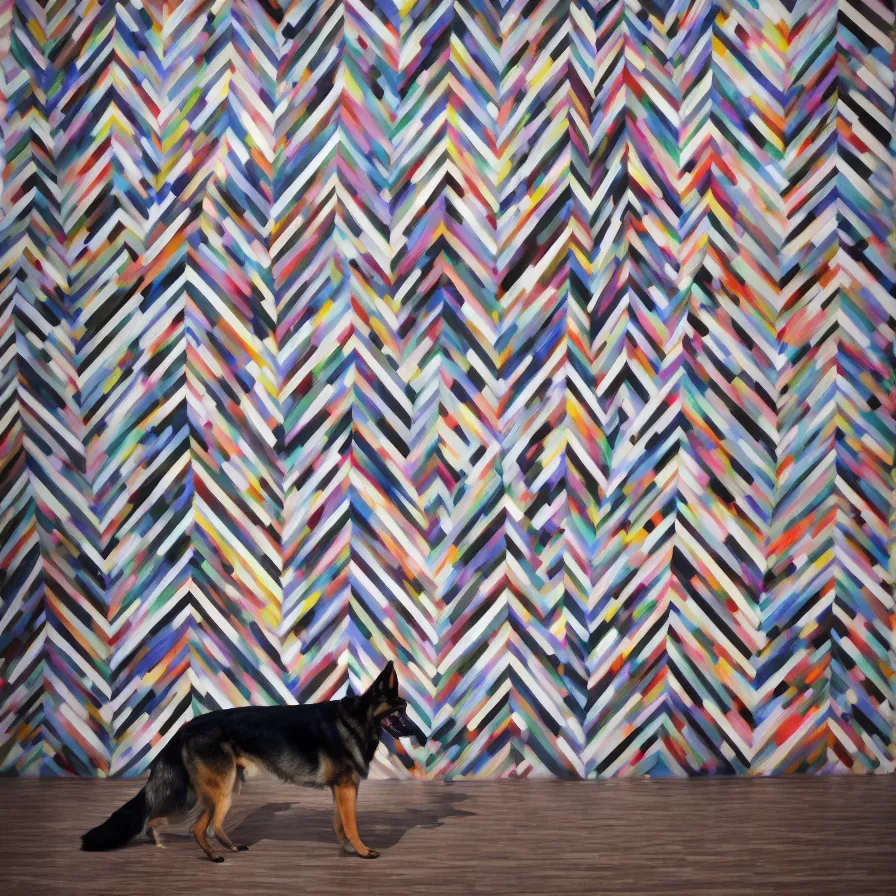 Image similar to beautiful gallery show studio photograph of a giant realistic geometric ceramic sculpture of a german shepherd dog!!!!, heavily glazed by bridget riley and victor vasarely, placed on a polished wooden table, colorful hyperrealism 8 k trending on artstation