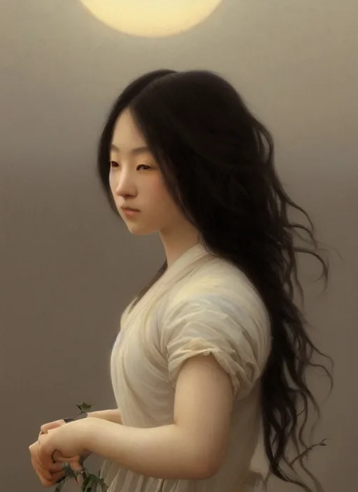 Prompt: oil painting close up portrait of a contemplative young japanese - nigerian woman with long dark flowing hair in a dress made of white roses!! at sunset, hazy, digital art, chiaroscuro, artstation, cinematic, golden hour, digital art painting by greg rutkowski, william - adolphe bouguereau, hazy atmosphere, cinematic lighting