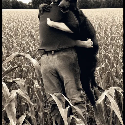 Image similar to a humanoid german shepherd beast - man hugging his friend in a corn field vintage sepia detailed 8 k