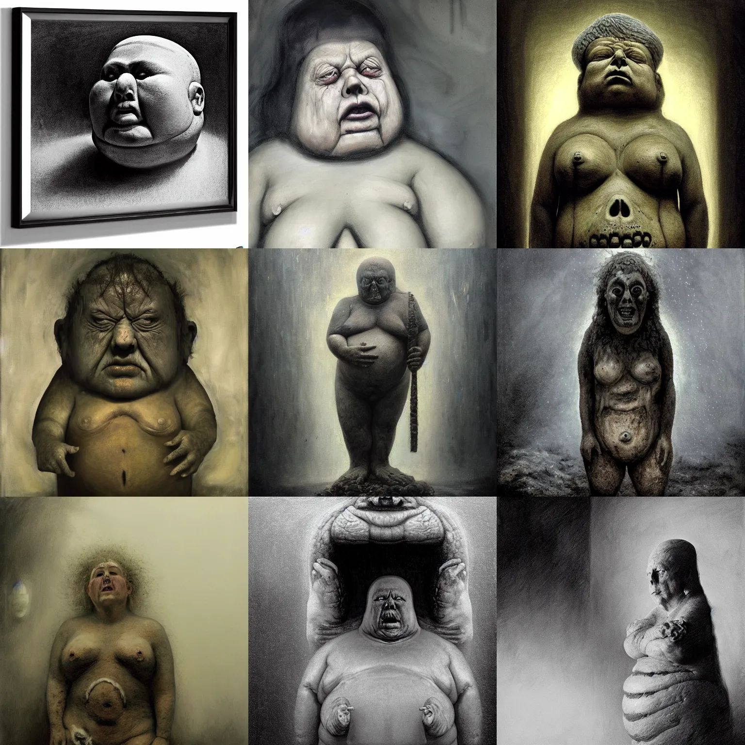 Prompt: portrait of big old sumoringer as despair from sandman, in a white cloudy void, venus of willendorf, by jeremy mann, by gregory crewdson, sad face, black hair, white room, soft lightning, high detailed, 8 k