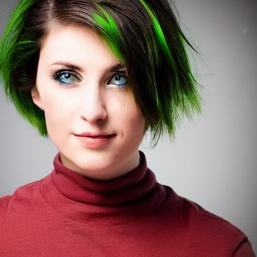 Image similar to brunette woman, short hair, flipped hairstyle, bright green eyes