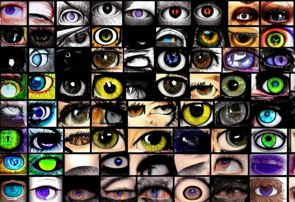 Image similar to grid montage of cube shaped eyes, square shaped black dilated pupils, cube shaped irises, detailed colored textures, eyelashes, advanced art, art styles mix, from wikipedia, wet reflections in square eyes, sunshine light, hd macro photograph, from side, various eyelid positions, square black pupil centered