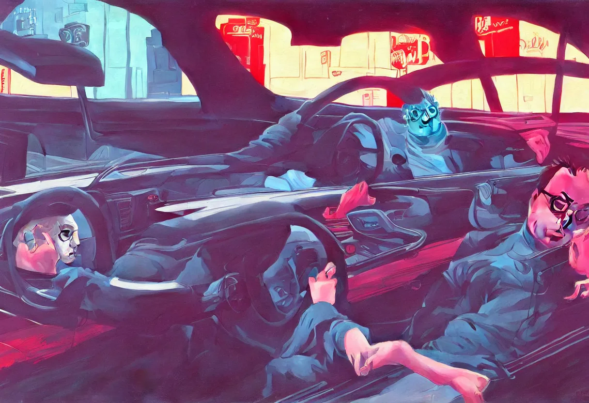 Image similar to sad and heartbreaking painting of todd solondz driving a car in the empty streets of tel aviv, vivid colors, neon, art by ( ( ( kuvshinov ilya ) ) ) and wayne barlowe and francis bacon and artgerm and wlop and william - adolphe bouguereau