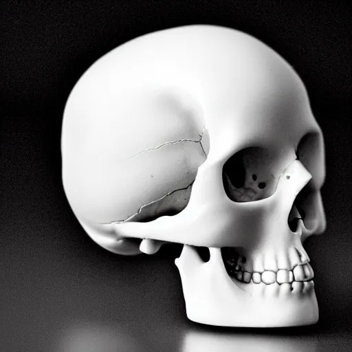 Image similar to a tiny, pristine white human Skull, plain black background, close-up macro photography, bokeh, shallow focus