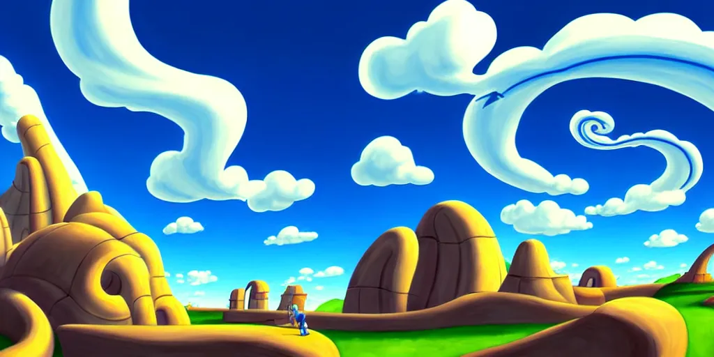 Image similar to cartoon concept art, clean blue sky, spiral cirrus clouds, from sam and max