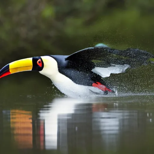 Image similar to A toucan flying across a dark lake