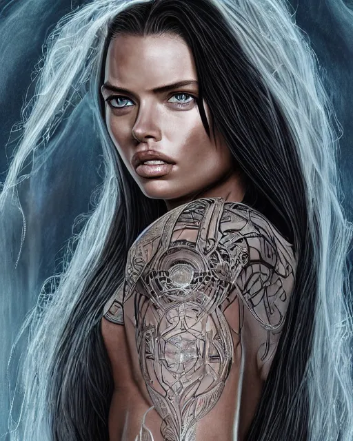 Prompt: face-centred portrait Adriana Lima as Galadriel, body covered in elfish tattoos , open magic book glowing, D&D, fantasy, highly detailed, digital art, fantasy illustration, trending on artstation, smooth, sharp focus, illustration, art by artgem and ROBERT HYNES