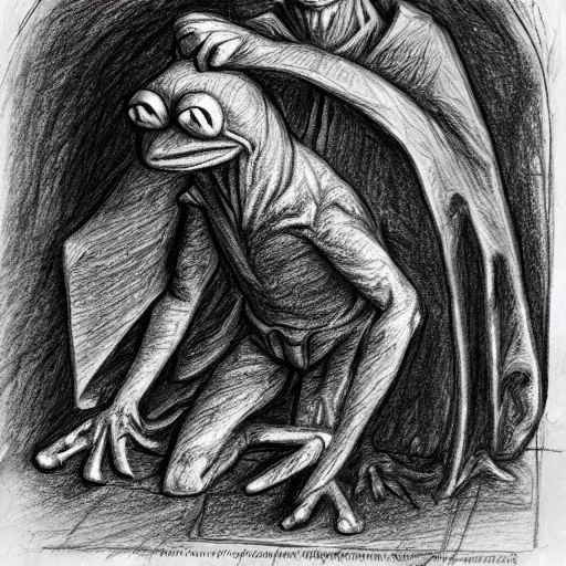 Image similar to Kermit the Frog in the deepest part of Hell, in the style of the Divine Comedy by Dante Alighieri, pencil sketch