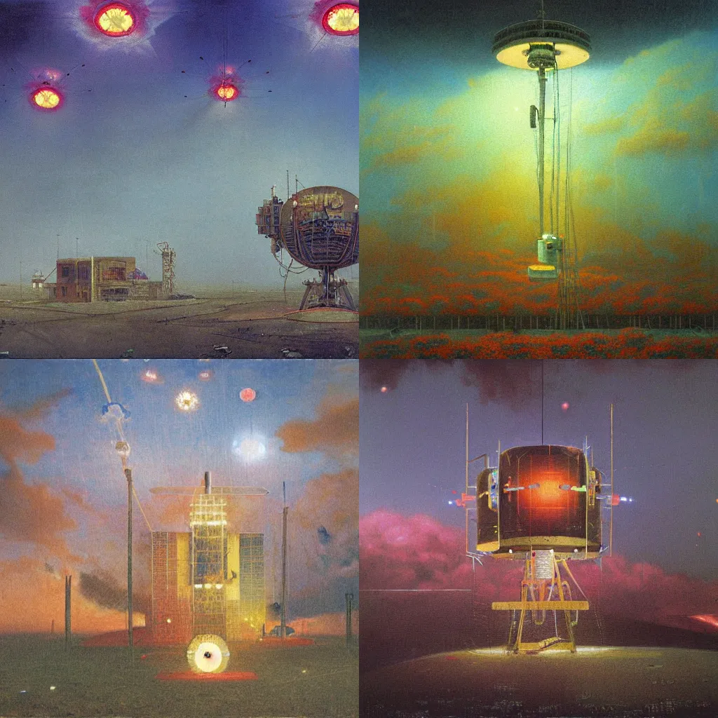 Prompt: detailed painting of a satellite station in 1 9 4 0, exterior, floral ornaments, volumetrics lights, beam of bright lights through the clouds, beksinski, greg hilderbrandt