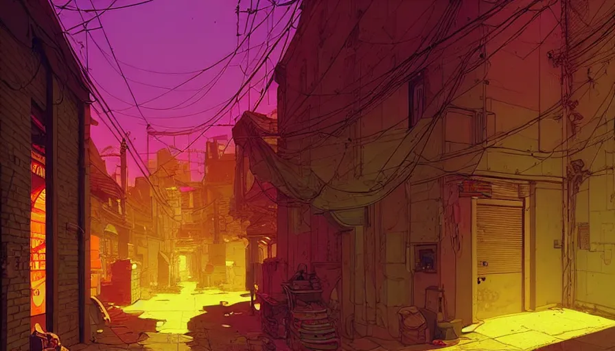 Prompt: an alley from counter strike global offensive by moebius and kilian eng, atmospheric, fine details, vivid, neon, masterpiece