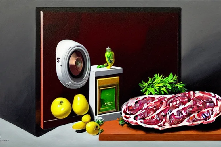 Image similar to a vanitas painting depicting an NVIDIA RTX A100 GPU, graphics card and a smartphone as well as packaged meat