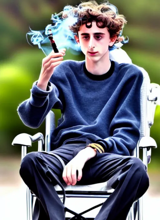 Prompt: timothee chalamet smoking a joint sitting in a wheel chair, photo, realistic