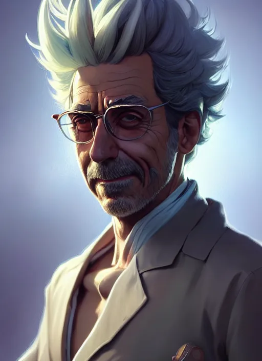 Image similar to ultra realistic illustration, handsome rick sanchez. intricate, highly detailed, digital painting, artstation, concept art, smooth, sharp focus, illustration, art by artgerm and greg rutkowski and alphonse mucha and wlop