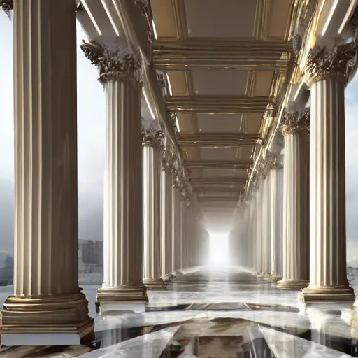 Image similar to photo, god's rejected first draft of humanity, inside a heavenly neo - futuristic greek revival beautiful cloud city with large white marble columns, golden hour lighting, god rays, volumetric lighting and fog