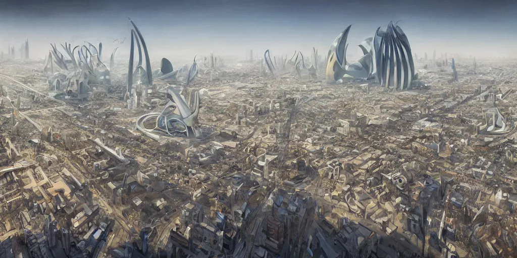 Prompt: a beautiful painting of baghdad city, crowded people, city landscape, zaha hadid, louis kahn, fantasy, futuristic, by yves tanguy, trending on artstation, unreal engine