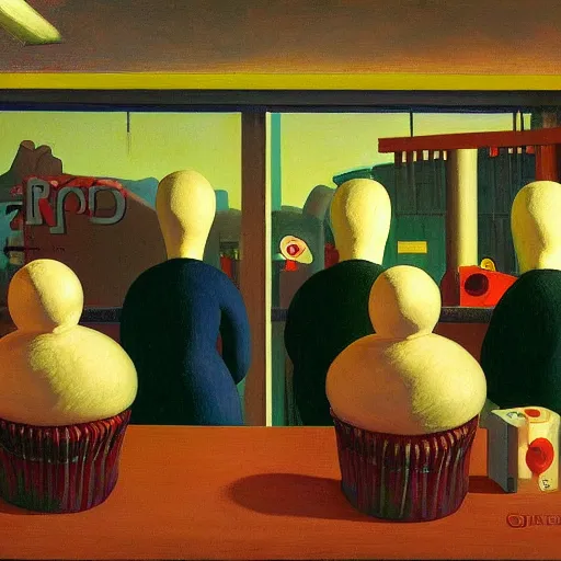 Prompt: drab workers at an assembly line making cupcakes for robot masters, grant wood, pj crook, edward hopper, oil on canvas