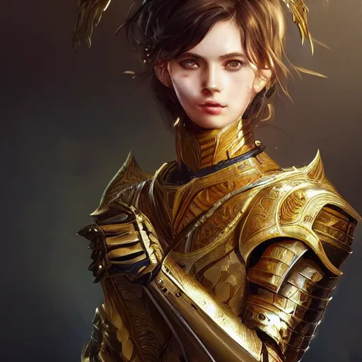 Image similar to portrait knights of Zodiac girl, golden and copper armor, sci-fi, fantasy, intricate, very very beautiful, elegant, highly detailed, digital painting, artstation, concept art, smooth, sharp focus, illustration, art by WLOP and tian zi and artgerm