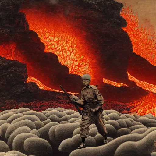 Image similar to historical picture of japanese soldier swimming on indonesian lava mountain, in hd picture, and photorealism, with detail image and description