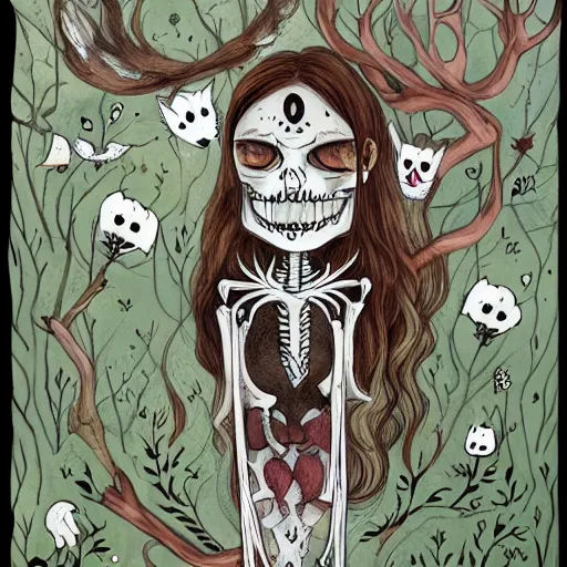 Prompt: a dream wolf eats the magical heart of a woodland faun who has her skeleton exposed, artwork by chiara bautista