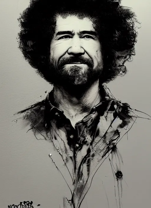 Image similar to portrait, BoB Ross, Using Stable Diffusion to paint, watercolor, dramatic lighting, cinematic, establishing shot, extremly high detail, foto realistic, cinematic lighting, pen and ink, intricate line drawings, by Yoshitaka Amano, Ruan Jia, Kentaro Miura, Artgerm, post processed, concept art, artstation, matte painting, style by eddie mendoza, raphael lacoste, alex ross