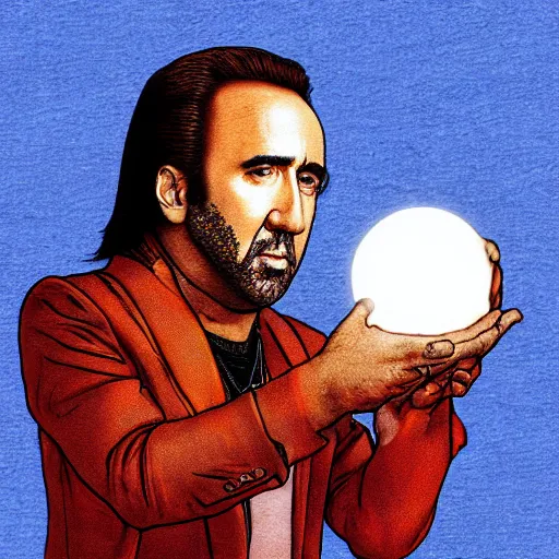 Prompt: Nicolas Cage pondering his Orb by Studio Myr