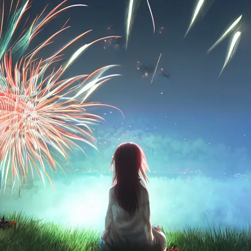 Prompt: girl watching watching fireworks on a hill, digital art, by range murata, akiyuki shinbou, yoshitaka amano highly detailed, realistic, cinematic, bold colours, photorealism, 4 k, wide angle lens