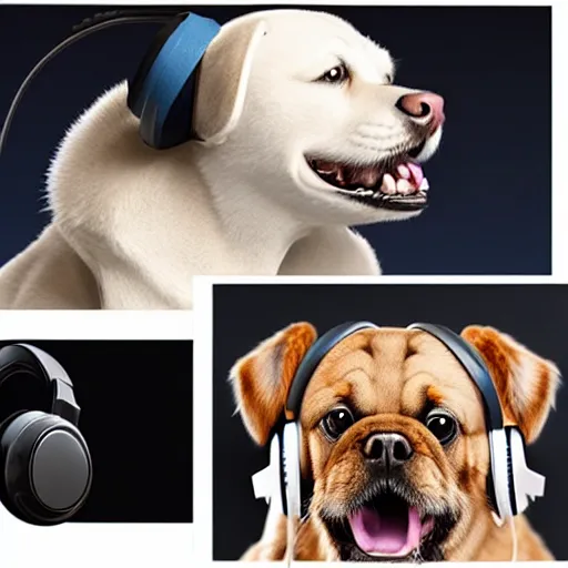 Image similar to a photorealistic dog and cat wearing headphones smiling, 8 k resolution, studio lighting, highly detailed, hyperrealism, realistic