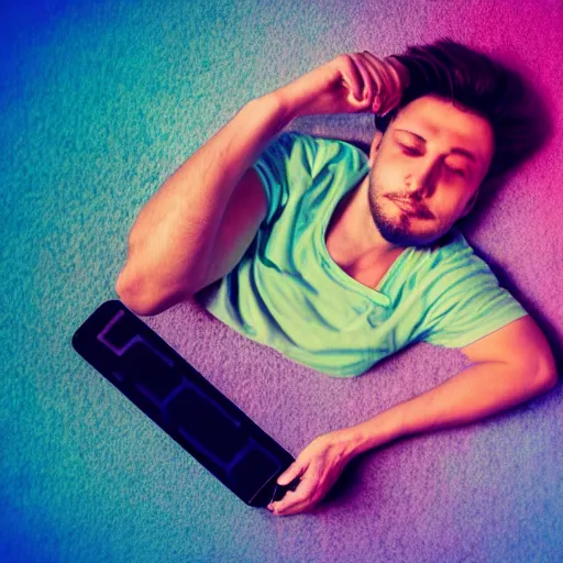 Prompt: aerial view photo of a guy laying on the floor of his bedroom looking at the camera, synthwave colors, computer, cell phone, video games, tv, knick knacks, faded effect, scribble anime, light, bright, no shadows