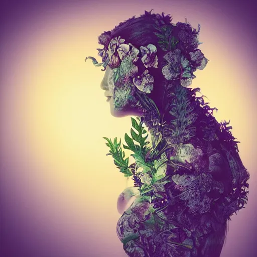 Image similar to a beautiful detailed front view portrait of a rotten woman corpse with fractal plants and fractal flowers growing around, volumetric light, beautiful lit, polaroid photography