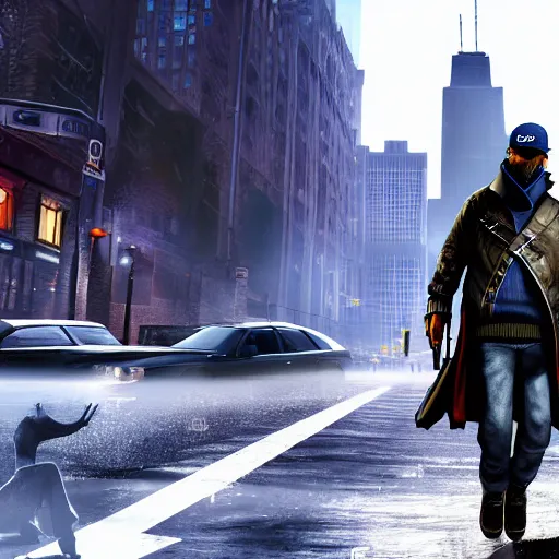 Image similar to Watch Dogs gameplay, chicago, car, Aiden Pearce, realistic graphics, ultrasharp, 4k , illustration, artstation