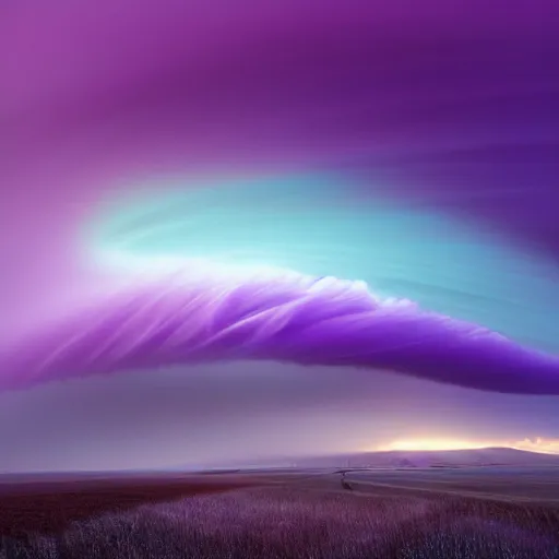 Prompt: amazing photo of a purple tornado in the shape of a funnel in the sky by marc adamus, digital art, beautiful dramatic lighting