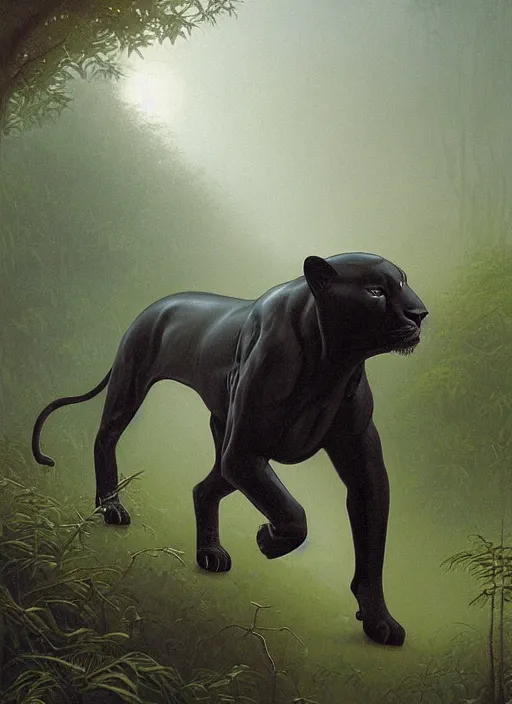 Image similar to a beautiful black jaguar walking in the jungle at night, art by christophe vacher