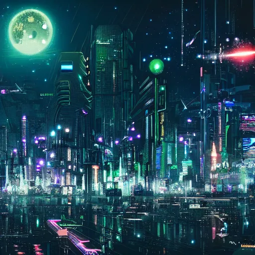 Prompt: cyberpunk city with deep field and many galaxies in the sky, highly detailed, sharp focus