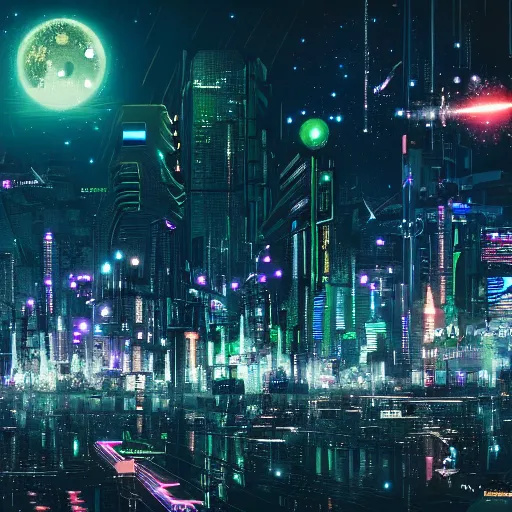 Image similar to cyberpunk city with deep field and many galaxies in the sky, highly detailed, sharp focus