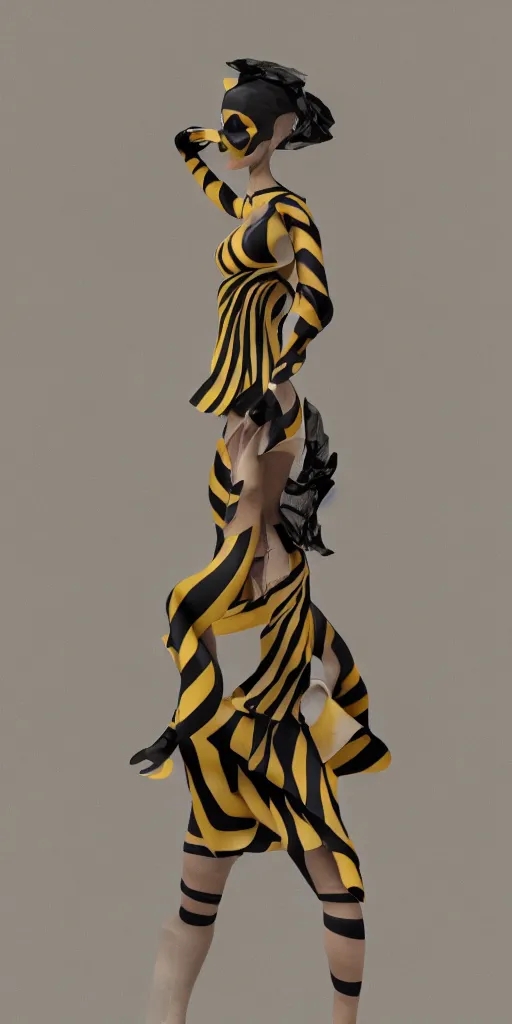 Image similar to an anthromorphic beautiful bee woman wearing striped couture made out of wax and paper and flower petals, at a fashion shoot, trending on Art Station, 3D, octane render,