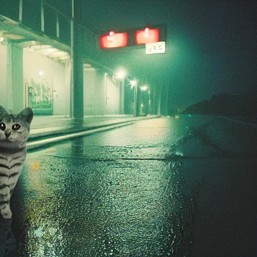 Prompt: bridge of san francicso photography,night,rain,mist, cute little anthropomorphic cat wearing a suit back from work, cinestill 800t, in the style of William eggleston