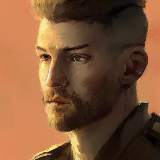 Image similar to Portrait of a man by Greg Rutkowski, he is about 30 years old, short copper hair, attractive, military composure, younger brother vibes, he is wearing futuristic military fatigues, cool uncle vibes, highly detailed portrait, digital painting, artstation, concept art, smooth, sharp foccus ilustration, Artstation HQ.