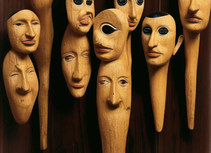 Image similar to realistic photo portrait of the a sculpture of a group portrait of heads with long beaks made of wood, eyes made of caviar poorly designed in style of arte povera, fluxus, dadaism, joseph beuys, ugly made, low quality standing in the wooden polished and fancy expensive wooden museum interior room 1 9 9 0, life magazine reportage photo