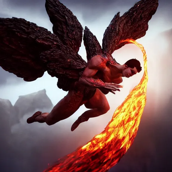 Image similar to cinematic full body shot of a beautiful stunning male angel flying over hell, that's a beautiful stunning male angel, hell is on fire with lava everywhere, elegant pose, flying, detailed arms, streamlined white armor, two arms, two legs, detailed fanart, macro art, realistic digital art, DeviantArt, artstation, 3D realistic, 8k HD, octane render