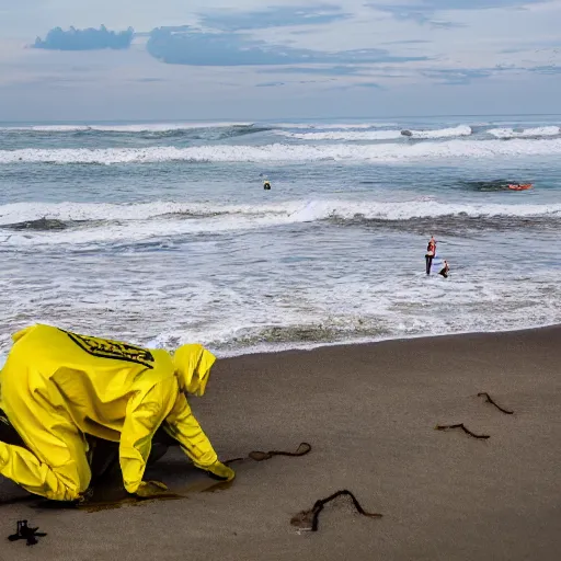 Image similar to Professional Photography, long shot, People in yellow chemical hazmat suits are investigating a huge creepy black creature washed up on the beach.