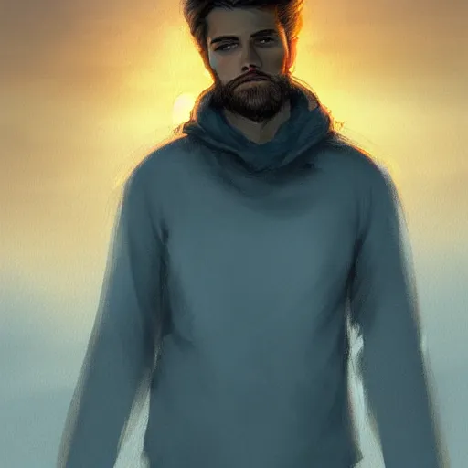 Image similar to young man with a light beard, beautiful sunset, high definition, concept art, digital painting, art by Bowater and Charlie