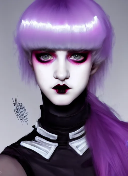 Image similar to portrait of white teenage girl, normal face, white bangs, mall goth, cyberlox, black and white hair, bangs, fluffy bangs, red contact lenses, purple lipstick, intricate, elegant, highly detailed, digital painting, artstation, concept art, sharp focus, smooth, illustration, art by wlop, mars ravelo and greg rutkowski