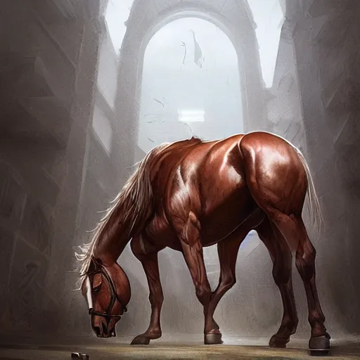 Image similar to an enormously muscular horse at a research facility doffed in leather, highly detailed, digital painting, artstation, concept art, illustration, art by artgerm and greg rutkowski and wlop